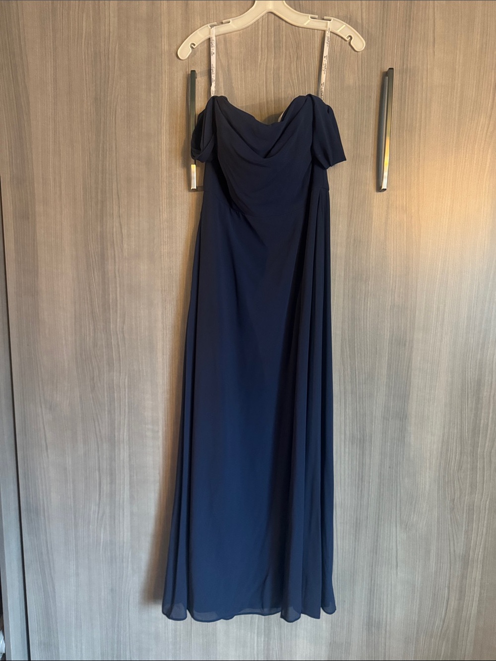 David's Bridal Navy Blue Off-Shoulder Maxi Gown
